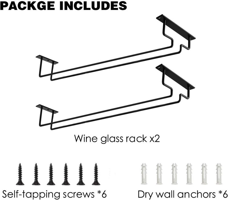 MATILODI 2 Pack 15.9-Inch Long Single Rail Metal Wine Glass Rack - Under Cabinet Stemware Storage Holder With Screws - Wire Hanger for RV Cabinet Kitchen Bar (Gold, 2) (Black) - Image 5